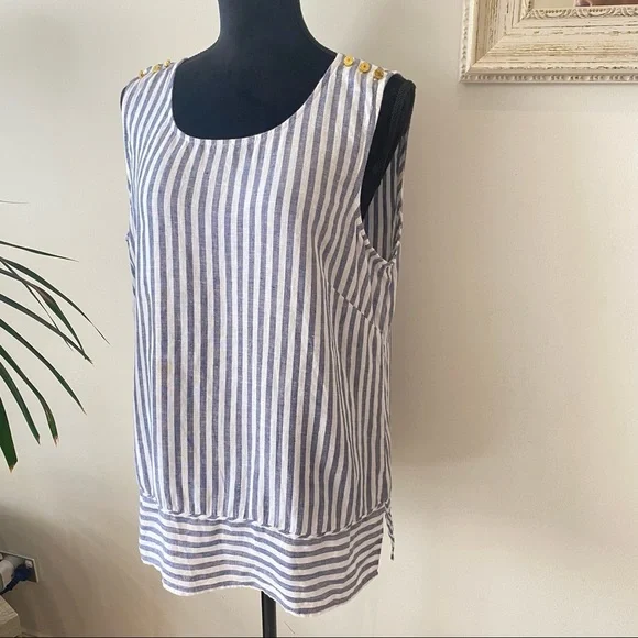 ELLEN TRACY Striped Linen Relaxed Blouse White Blue with Gold Shoulder Detail L - Picture 6 of 13